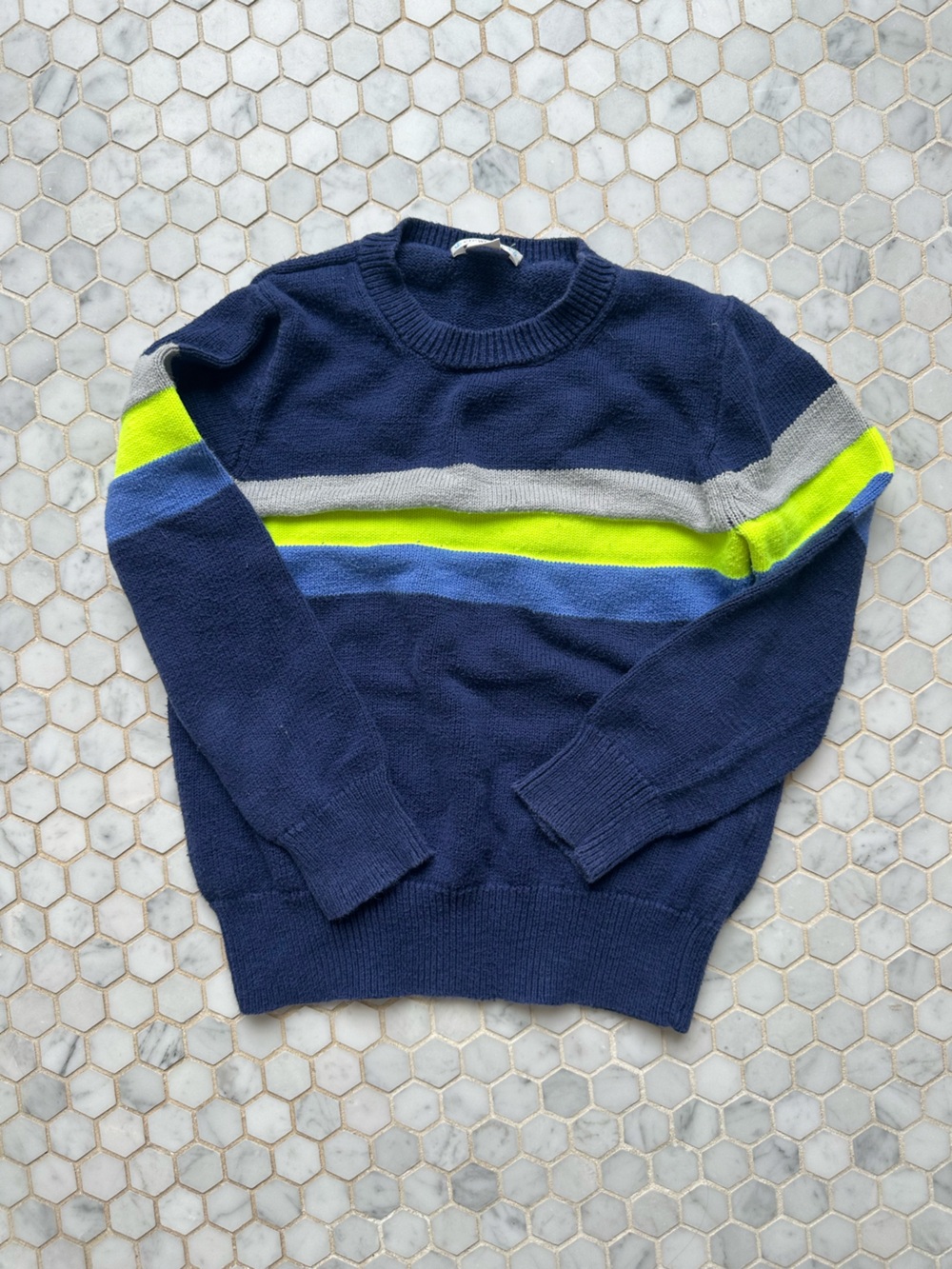 Boys Navy Crewneck Sweater with Neon Lime and Gray Stripes
